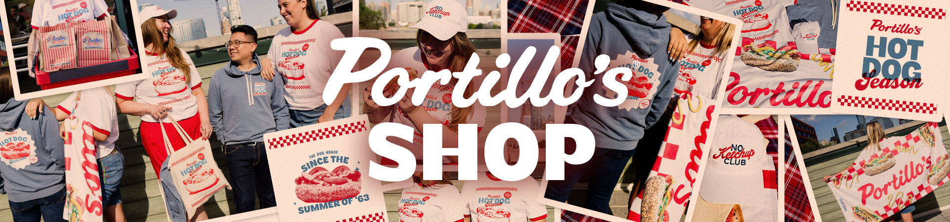 Collage of Portillo's Hot Dog Season merchandise, apparel, and rooftop lifestyle photos
