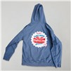 Back of blue Portillo's hoodie with large “Hot Dog Season” graphic and hot dog illustration.