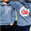 Two people wearing blue Portillo's “Hot Dog Season” hoodies, showing front and back graphics.