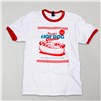 White ringer T-shirt with red trim and “Portillo's Hot Dog Season” graphic in red and blue.