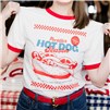 Person holding a Portillo's Hot Dog Season ringer T-shirt with hot dog graphic