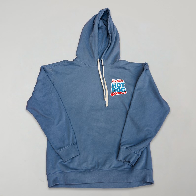 Blue Portillo's &ldquo;Hot Dog Season&rdquo; hoodie with white drawstrings, front view.