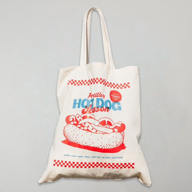 Canvas tote bag with Portillo's Hot Dog Season graphic and hot dog illustration