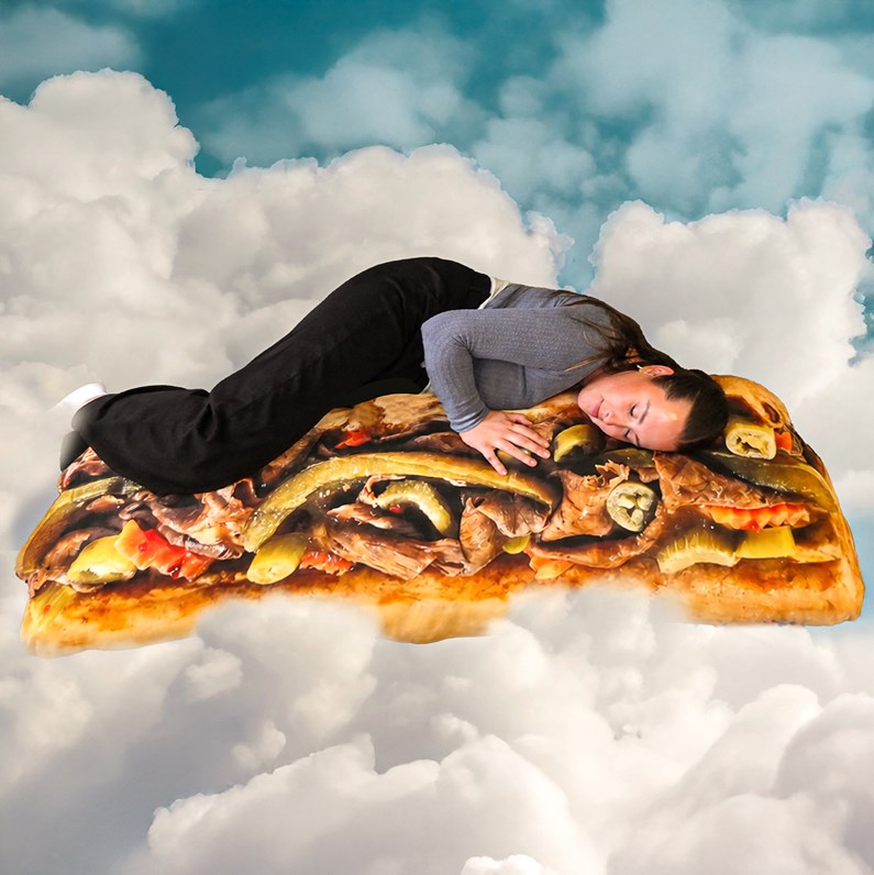 Model with italian beef body pillow with cloud background