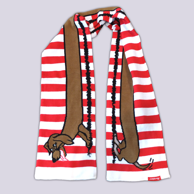 Red and white striped scarf with Portillo&#39;s mascot Pokey the dog