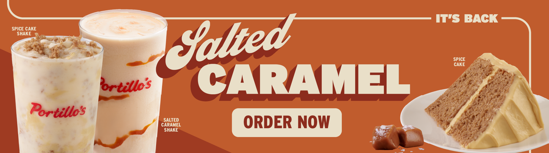Banner displaying images of the Salted Caramel shake and the seasonal spice cake. 