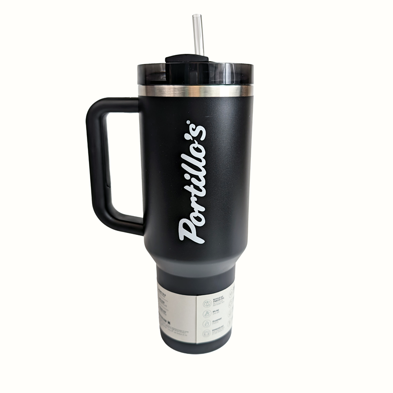 A black Stanley tumbler mug with white Portillo&#39;s logo