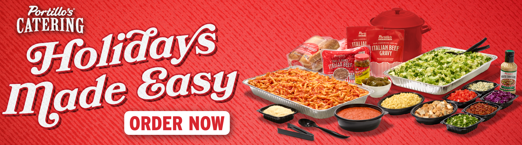 Holiday Catering Banner featuring catering menu items pasta, salad and Italian Beef