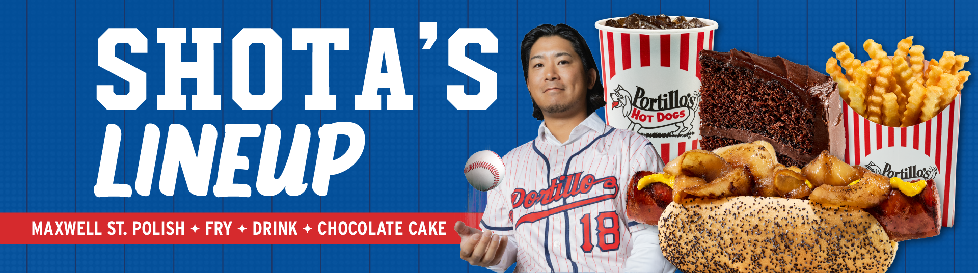 Shota Imanaga tossing a baseball up standing next to cake, fries, polish, drink